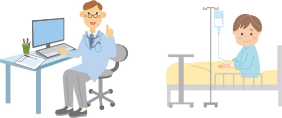 パソコンに向かう医師、ベッド上の男の子